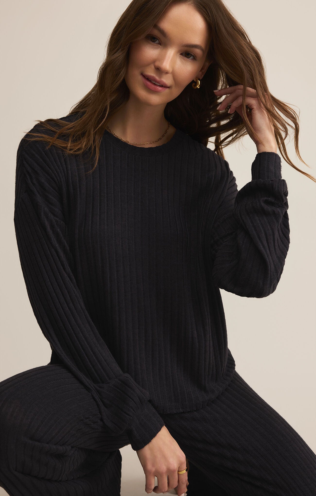 Daydream Rib LS Top - Black Sand - ZLT253821