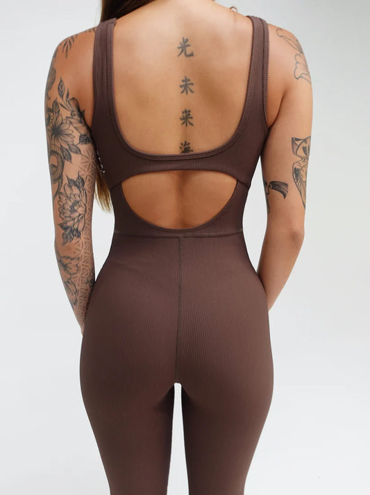 RIBBED AURA FLARE PANT Jumpsuit- MOCHA- Active By Teal