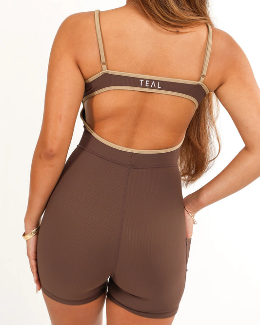 KAYLA ribbed JUMPSUIT 4” - Mocha PIPING  - Active By Teal