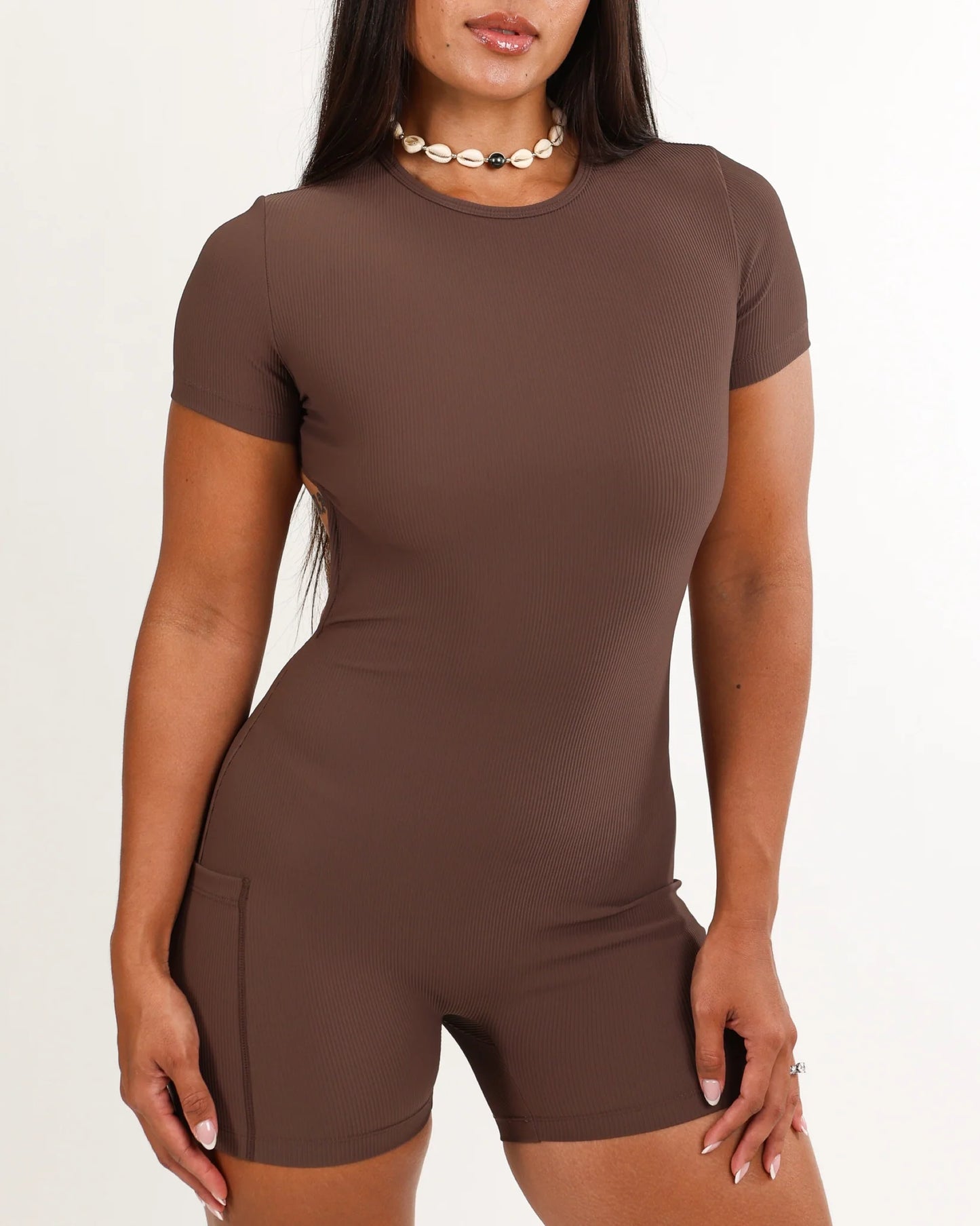 Luxe T-shirt Jumpsuit 4” -Ribbed- Mocha  - ABT