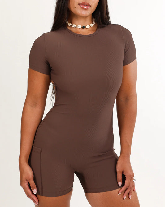 Luxe T-shirt Jumpsuit 4” -Ribbed- Mocha - ABT