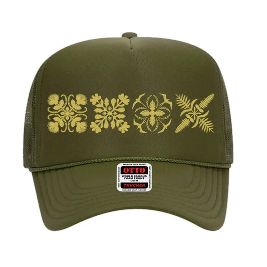 4Quilt Trucker Hat- Olive/Gold - Na Koa Brand