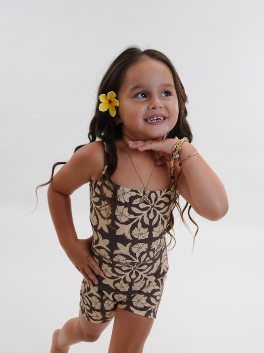 Mini Kayla Jumpsuit in Brown Puakenikeni Quilt - ABT
