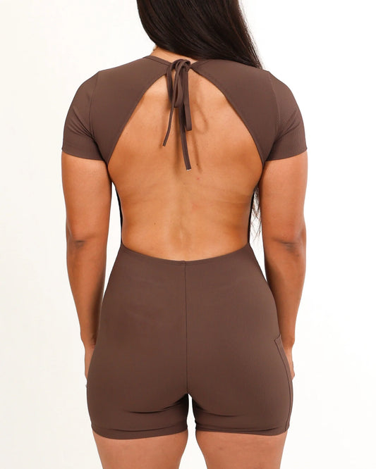 Luxe T-shirt Jumpsuit 4” -Ribbed- Mocha  - ABT