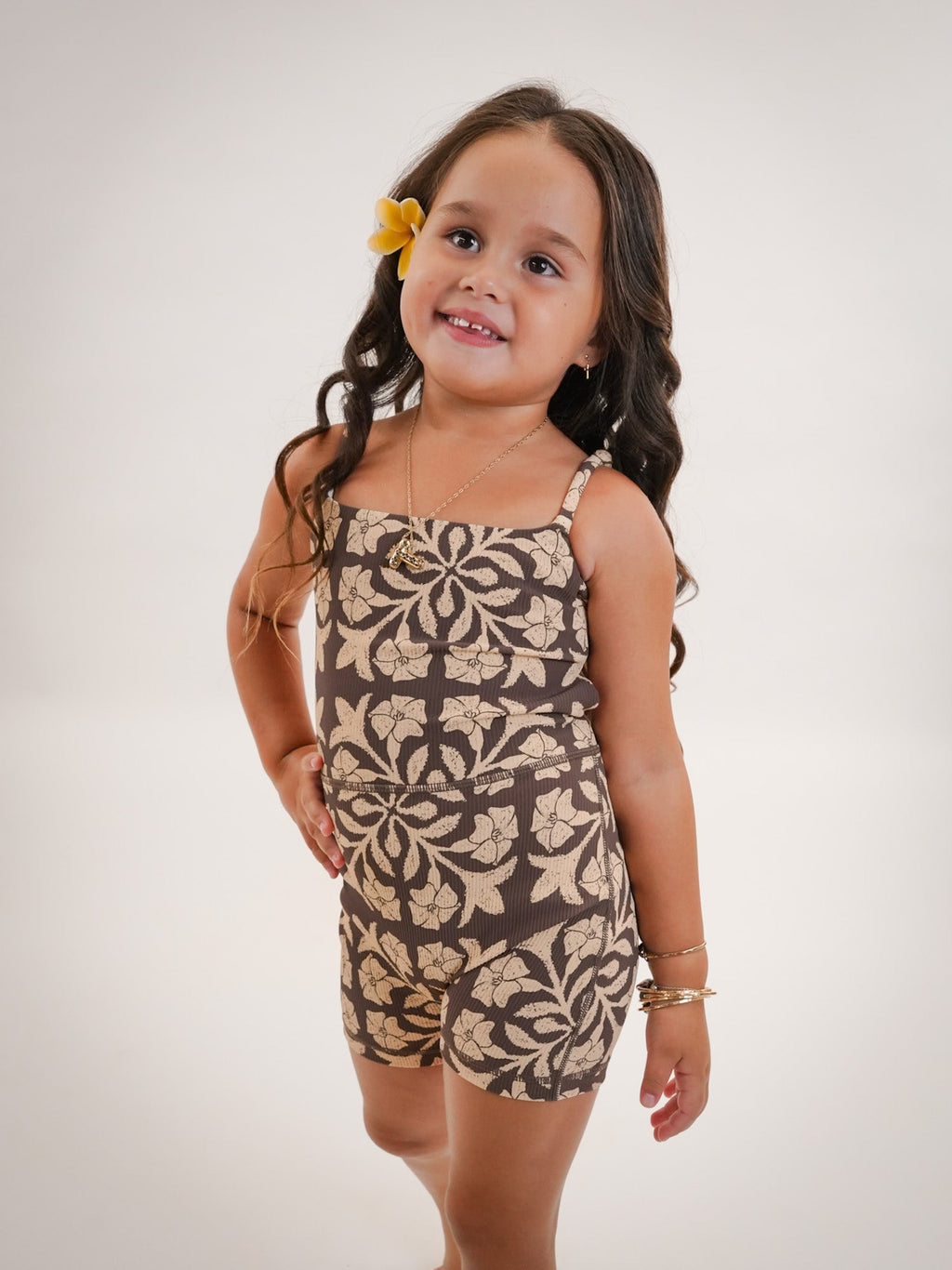 Mini Kayla Jumpsuit - Ribbed Brown Puakenikeni Quilt