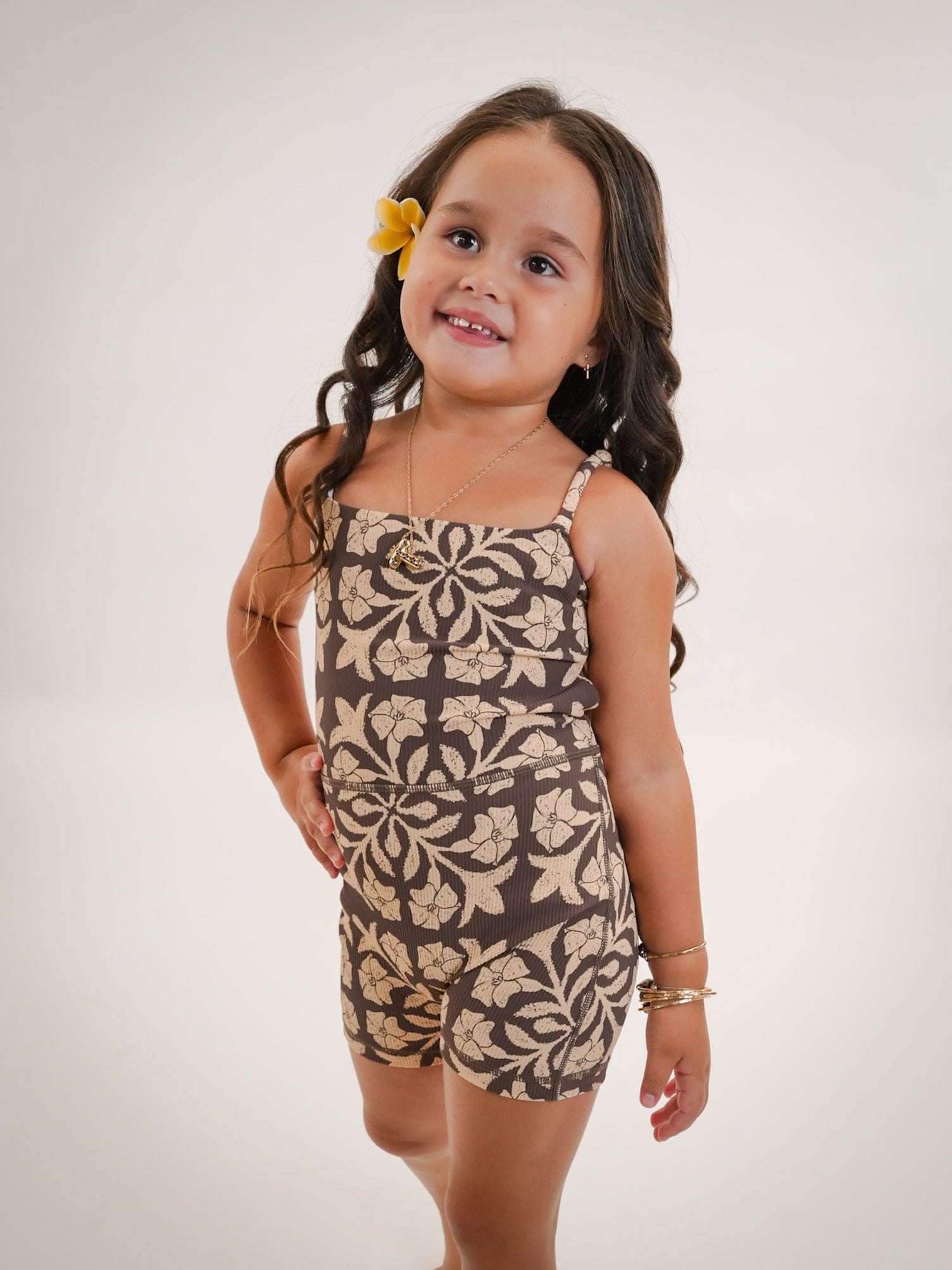 Mini Kayla Jumpsuit in Brown Puakenikeni Quilt - ABT