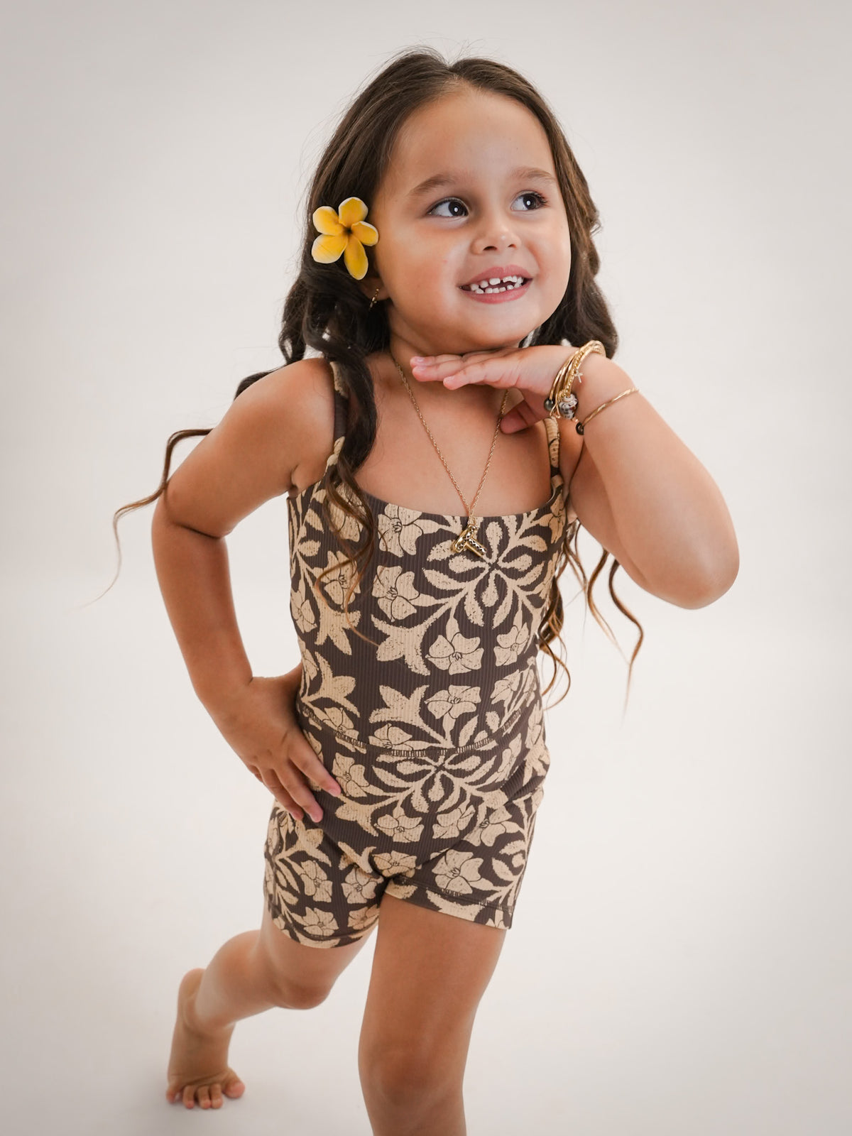 Mini Kayla Jumpsuit - Ribbed Brown Puakenikeni Quilt