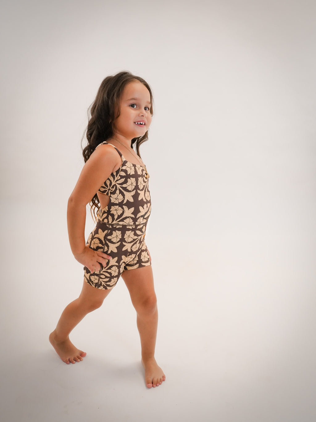 Mini Kayla Jumpsuit - Ribbed Brown Puakenikeni Quilt