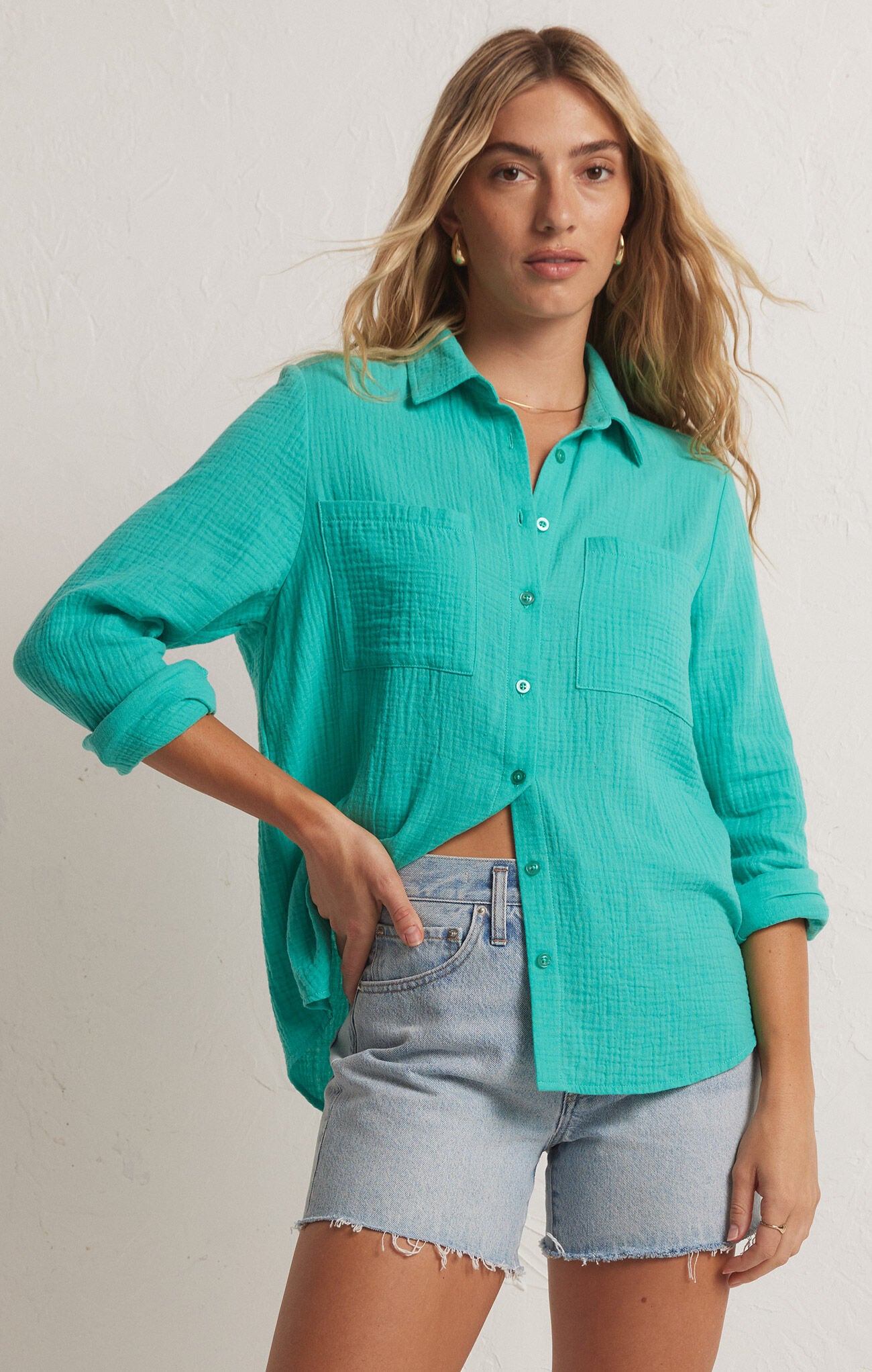 KAILI BUTTON UP GAUZE TOP- CABANA GREEN- ZT222746