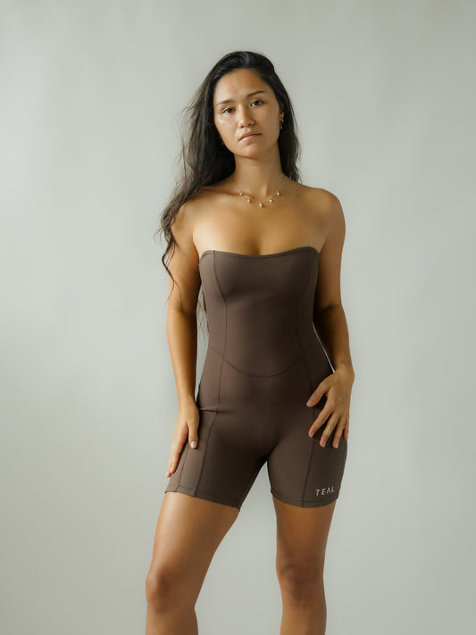 Sweet Heart Strapless Jumpsuit - Ribbed Mocha - Active by Teal
