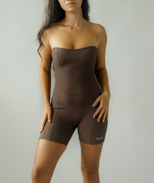 Sweet Heart Strapless Jumpsuit - Ribbed Mocha - Active by Teal