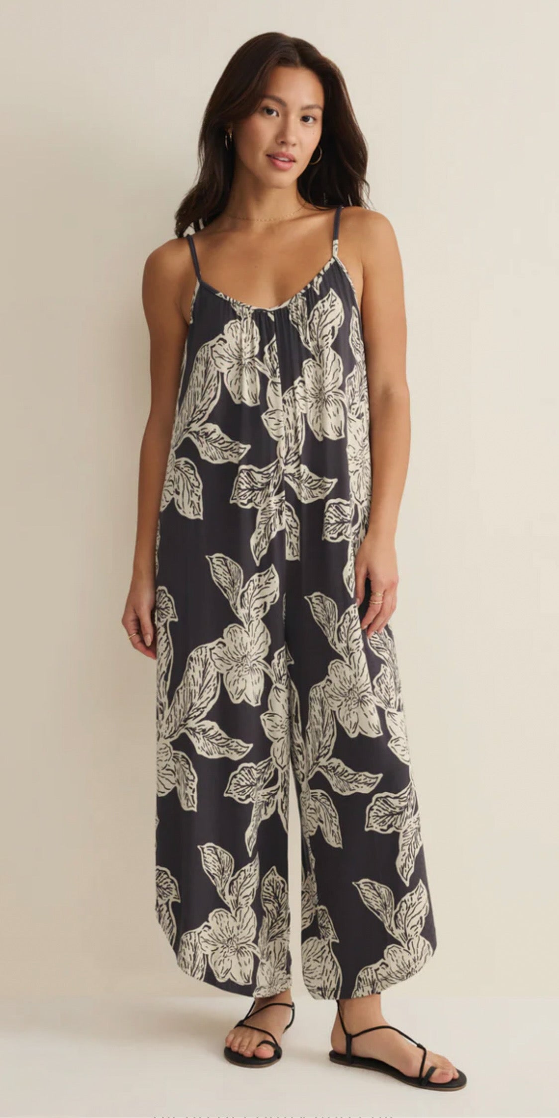 Flared Asha Floral Jumpsuit - Black Sand - Runs big/size down
