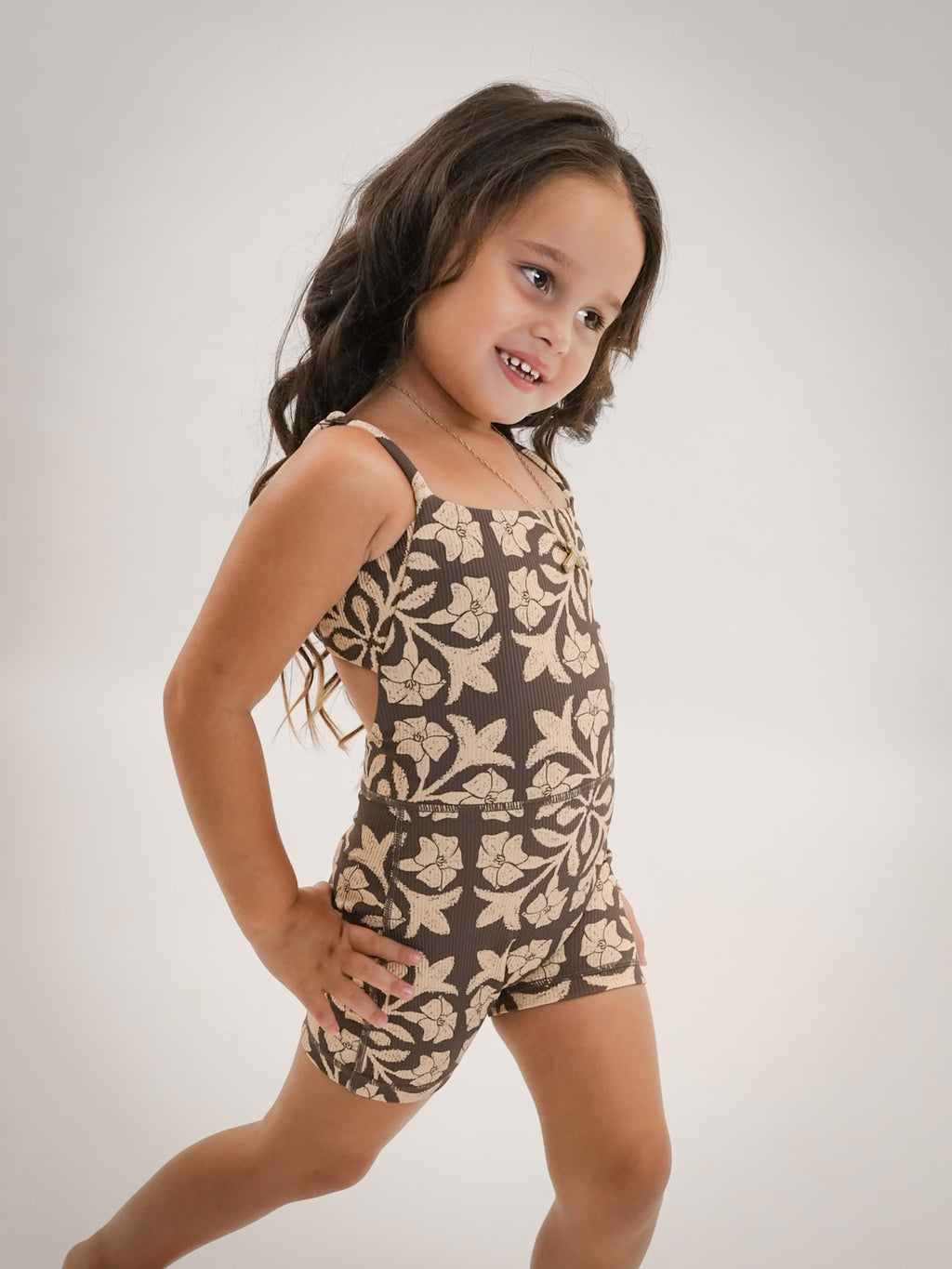 Mini Kayla Jumpsuit - Ribbed Brown Puakenikeni Quilt