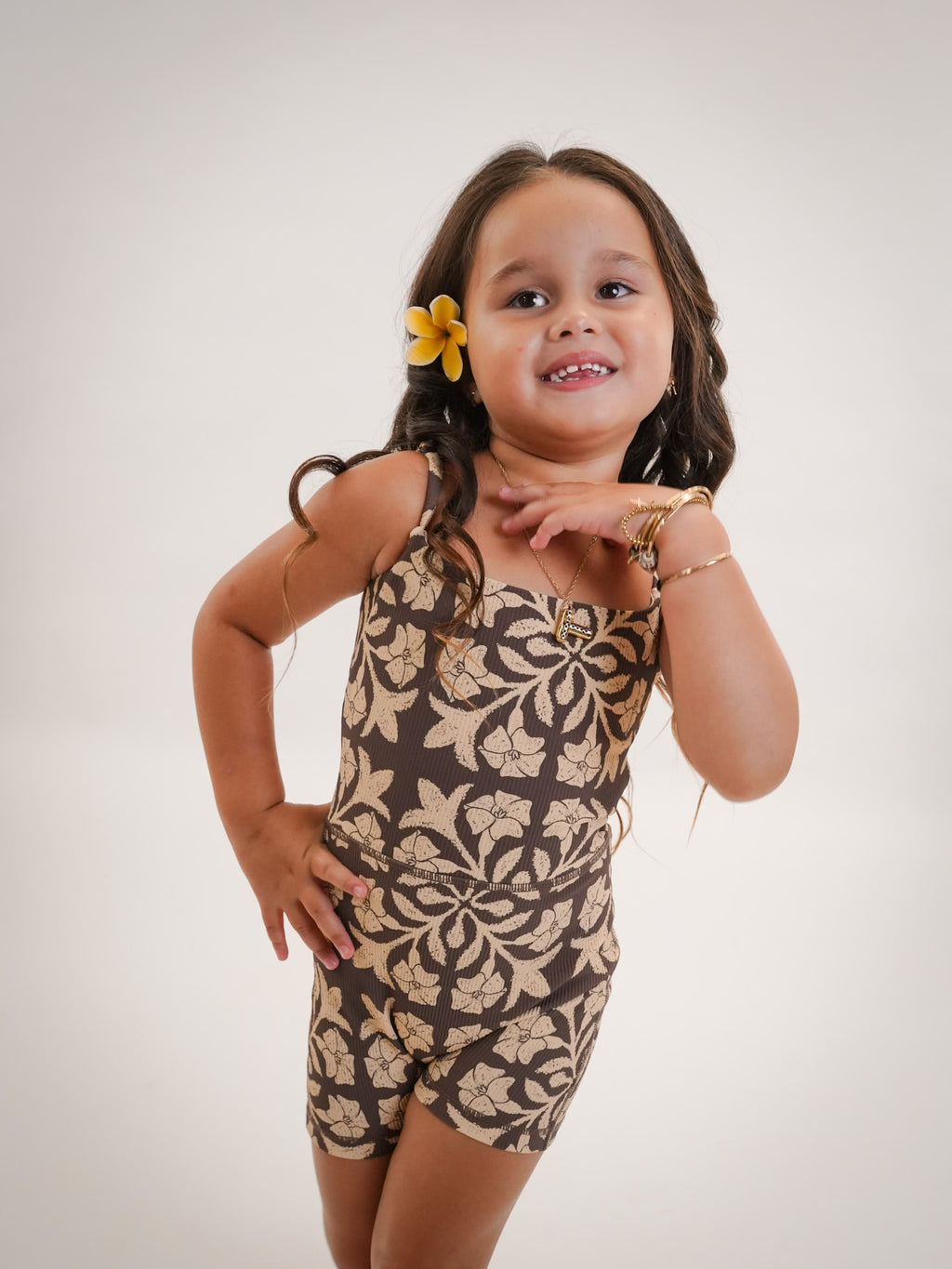 Mini Kayla Jumpsuit - Ribbed Brown Puakenikeni Quilt