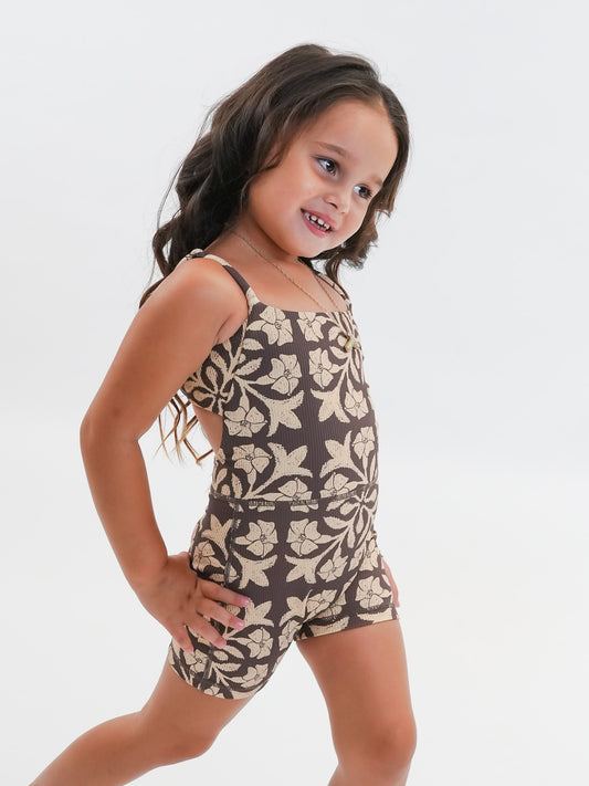 Mini Kayla Jumpsuit in Brown Puakenikeni Quilt - ABT