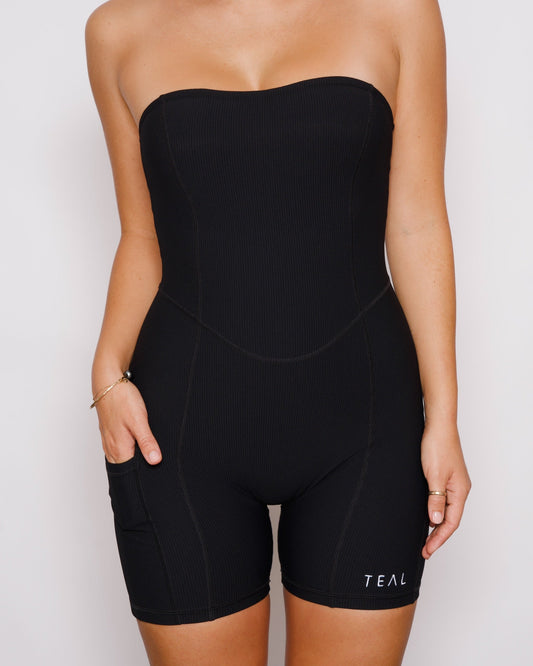 Sweet Heart Strapless Jumpsuit/ Ribbed Black- Active by Teal