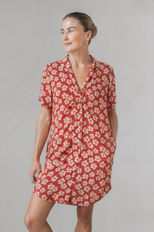 Aloha Shirt Dress - Burnt Hibiscus - Lokahi RST'25