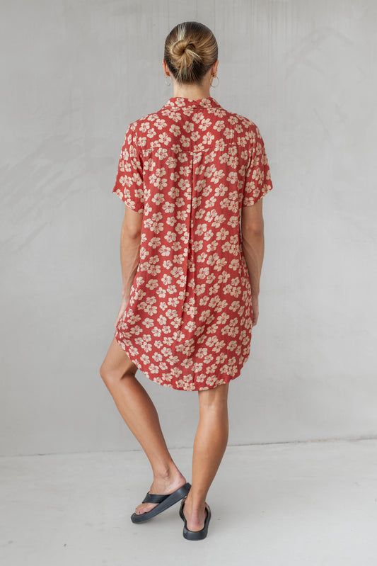 Aloha Shirt Dress - Burnt Hibiscus - Lokahi RST'25