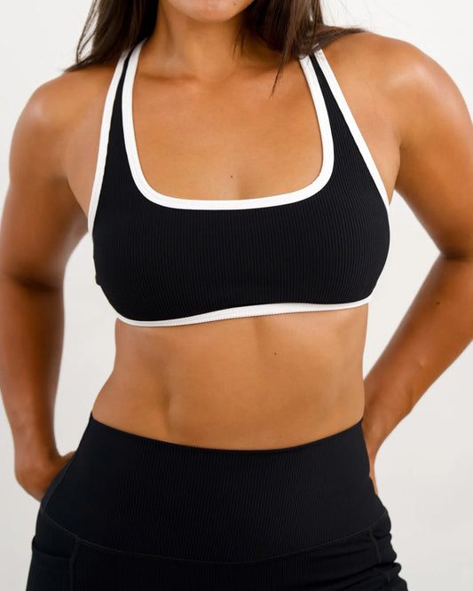 Racer Back Bra w/ White Trim -Ribbed - Black - ABT