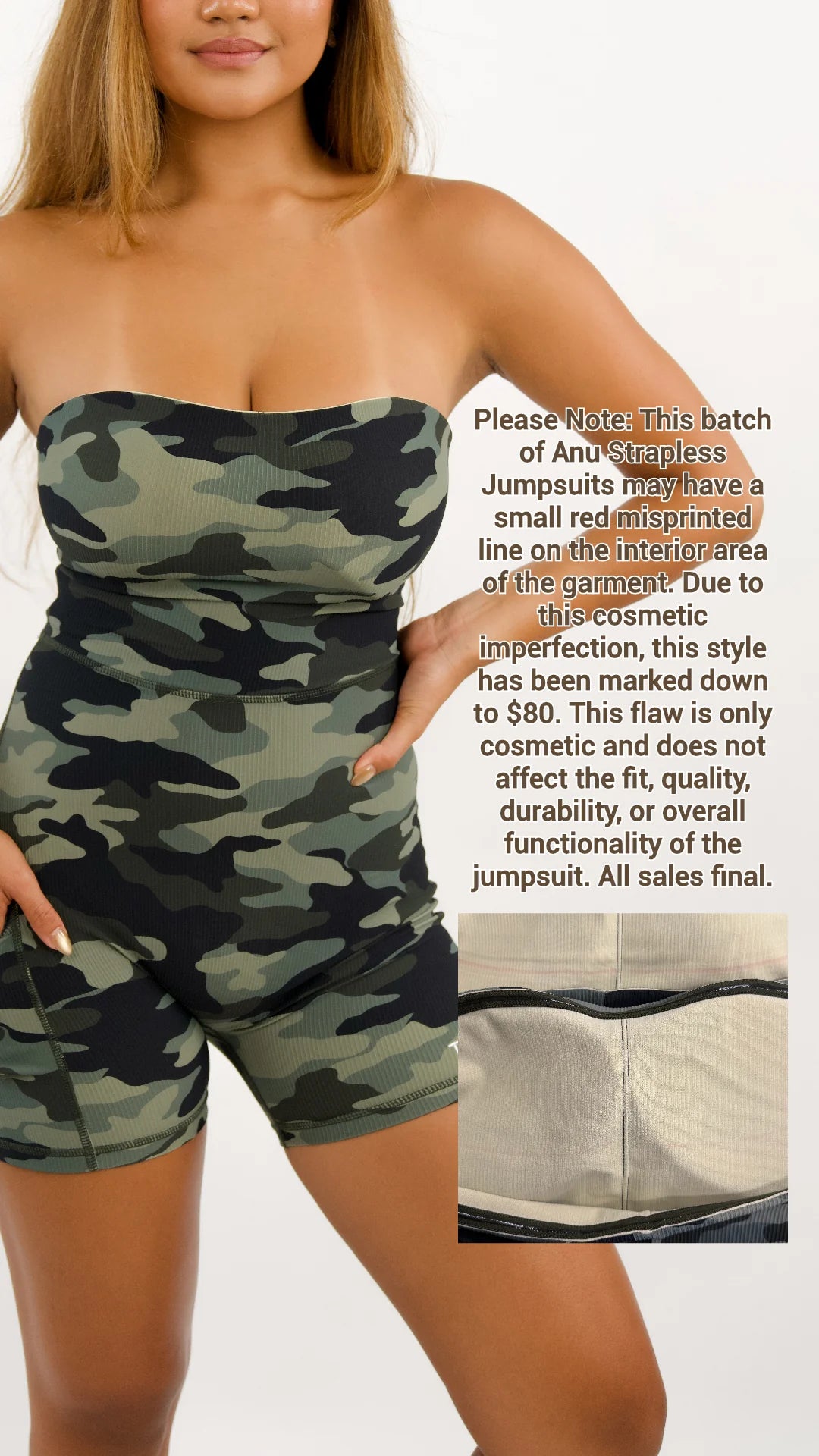 Anu Strapless Jumpsuit in Green Camo (RED LINE MISPRINT) All sales final.
