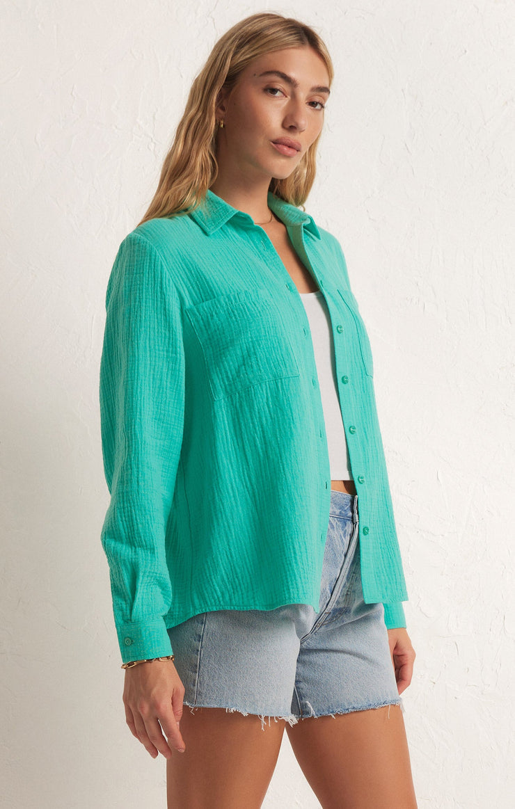 KAILI BUTTON UP GAUZE TOP- Cabana Green - ZT222746