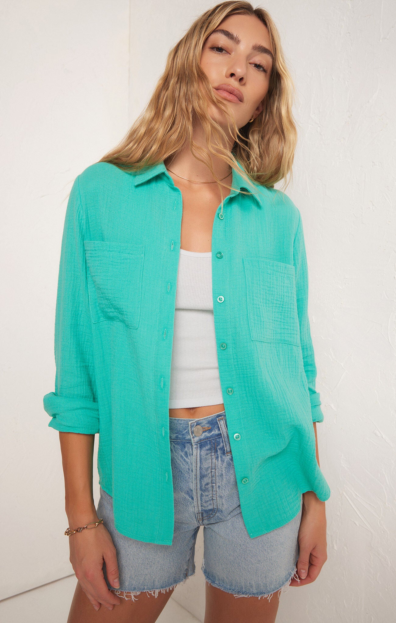 KAILI BUTTON UP GAUZE TOP- Cabana Green - ZT222746