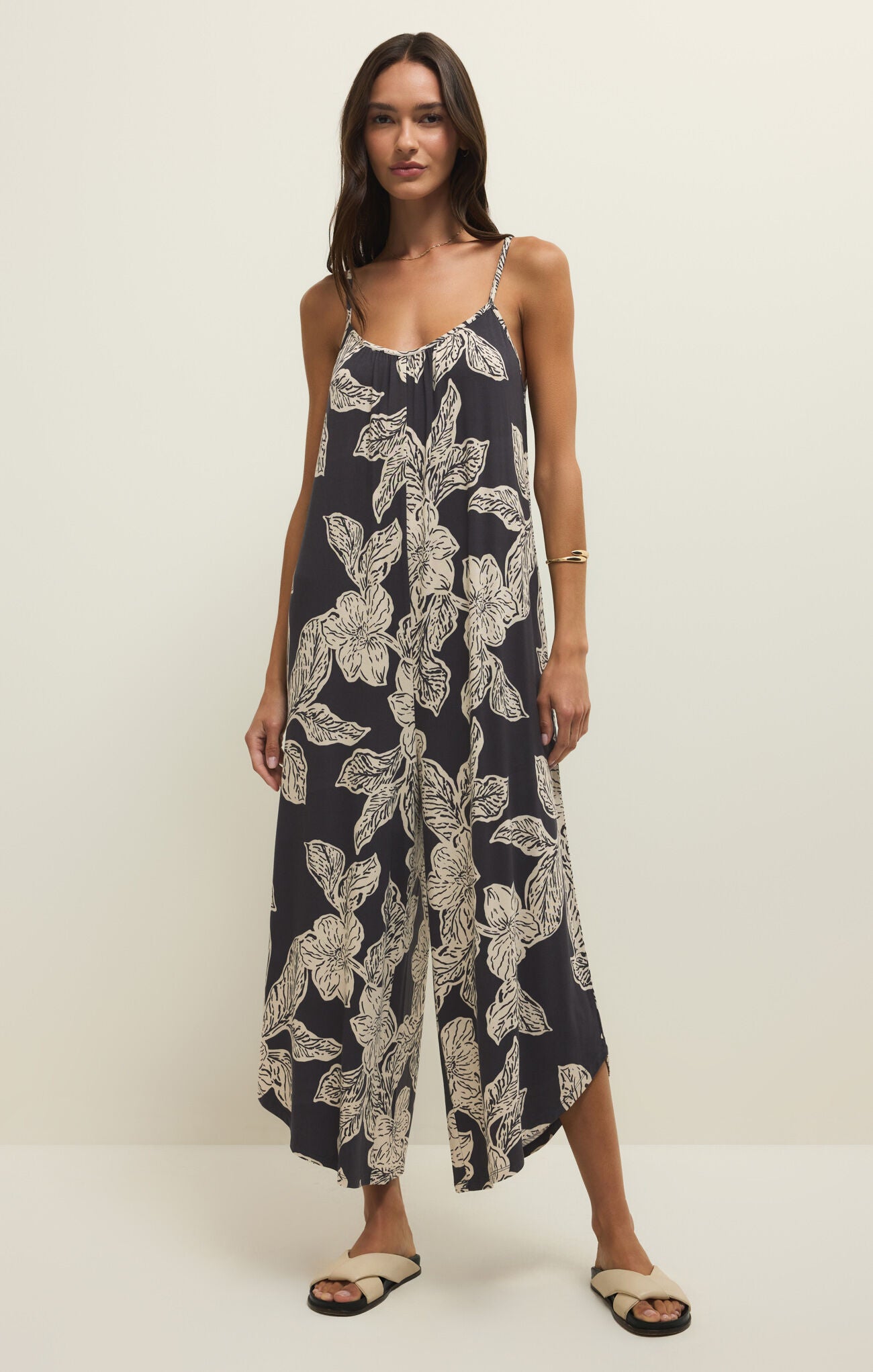 Flared Asha Floral Jumpsuit - Black Sand - Runs big/size down