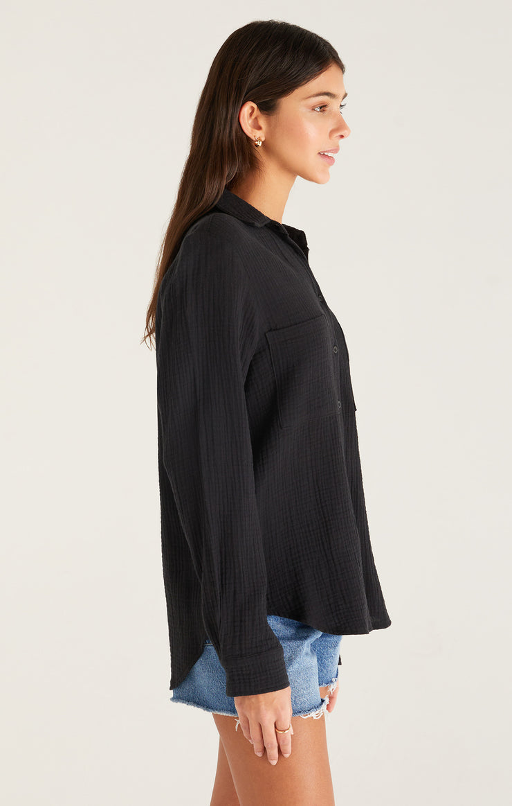 KAILI BUTTON UP GAUZE TOP- Black- ZT222746