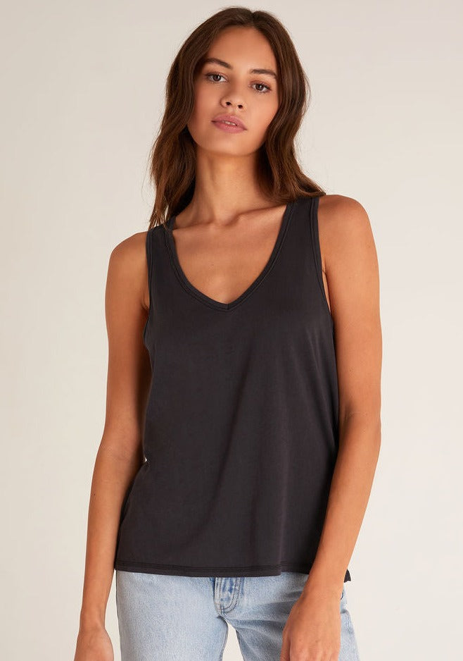 ORGANIC V-NECK TANK-WASHED BLACK-ZT222242